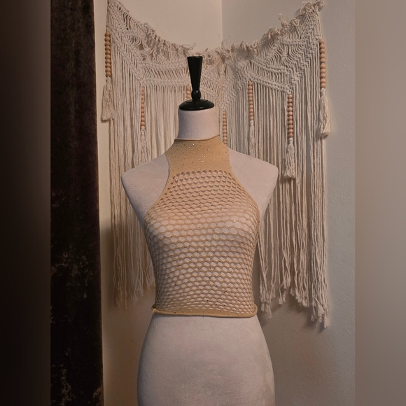 Halter Fishnet Rhinestone Crop Top - Picture 2 of 8